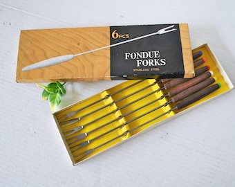 Vintage Fondue Forks Set, Stainless Steel Utensil Wood Handles with Colored Tips, Original Box Set of 6