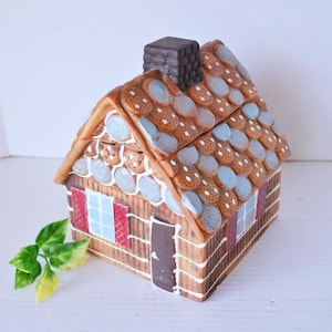 Vintage Gingerbread House Cabin Cookie Jar LEGO Japan Pottery, Ceramic Cookie Canister Hand Painted 1950s Foil Label