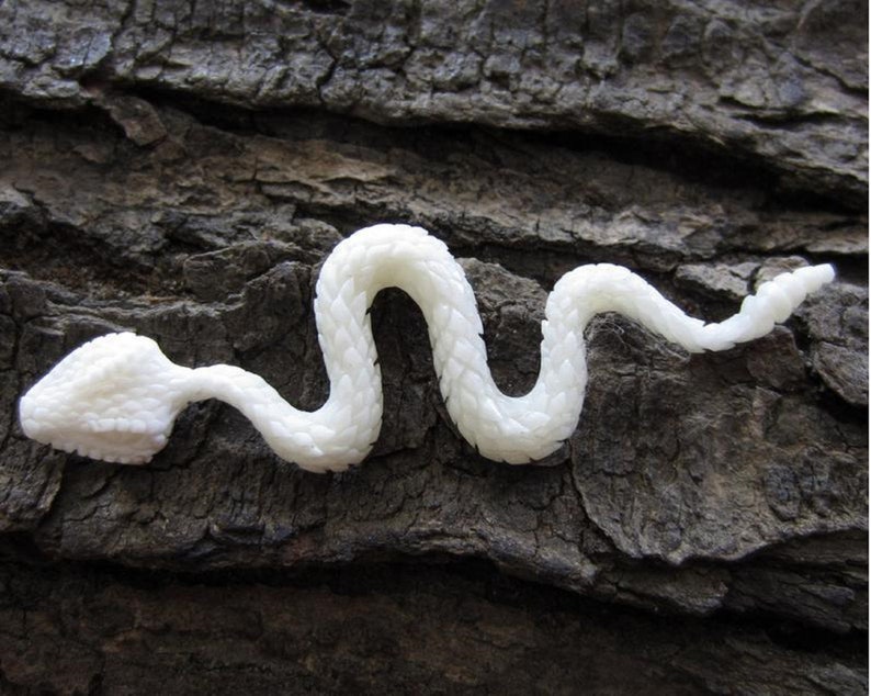 FREE SHIPPING OOAK Unique Carved Ivory Bone Snake Pendant Black Wavy Metal Necklace Artisan Made Goth Style Rattlesnake Dangle Bib Choker