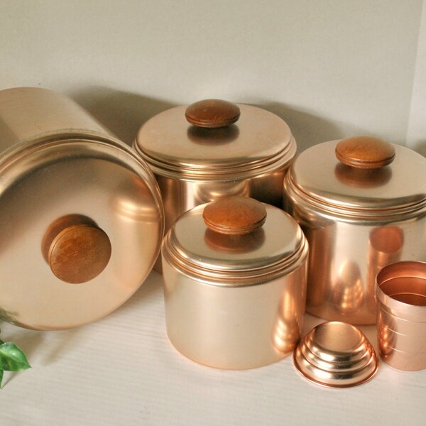 Cuivre Rose aluminium cuve ensemble, Vintage Rose aluminium anodisé de Mirro boîte métallique avec poignées en bois, cuisine rétro des années 1950, comprend BONUS