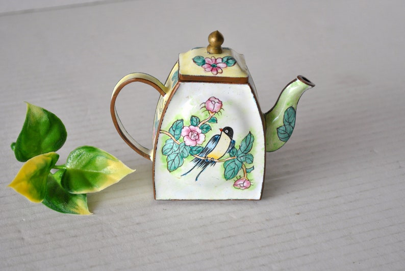 Vintage Copper Enameled Miniature Teapot Bird and Floral Etsy