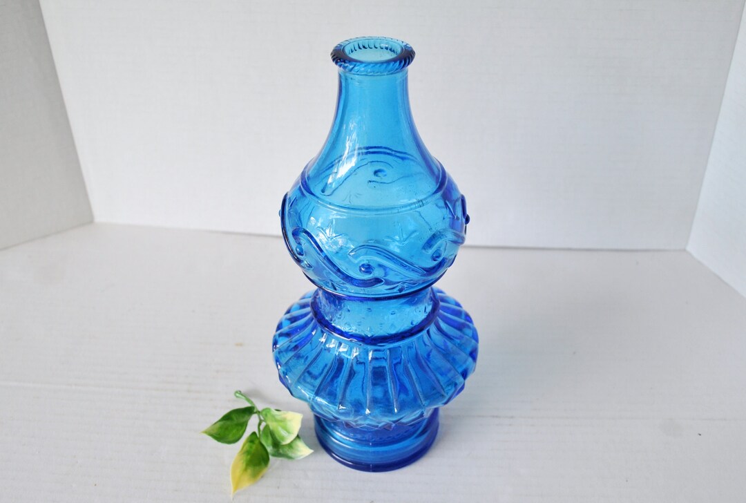 Vintage Unique RARE Wheaton Blue Glass Decanter Embellished Genie Bottle NO Stopper, Collectible