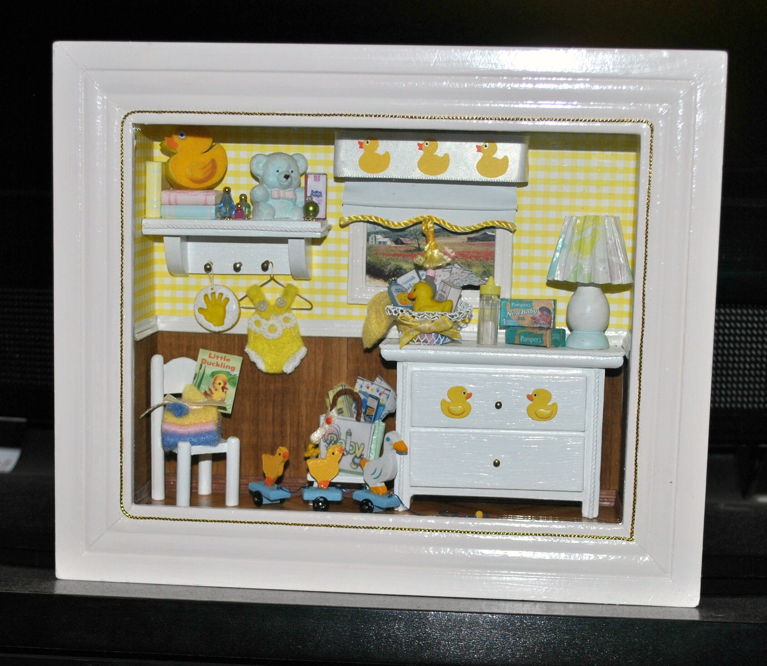 Artisan Made Nursery Room Framed Vignette Room Box Shadow Box Baby Shower New Mom Gift Miniature Wall Diorama Little Duckling Yellow White