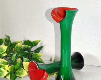 Silvestri Art Glass Vase Pair, Layered Cased Blown Glass Vases, Cut and Folded Edge Watermelon Green White Red Layered Collectible Vase Pair