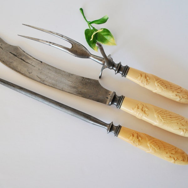 Vintage Antique Carving Serving Cutlery 3 Piece Set, Landers Frary & Clark Aetna Works Knife Fork Sharpener, Celluloid Dragon Handles Beige