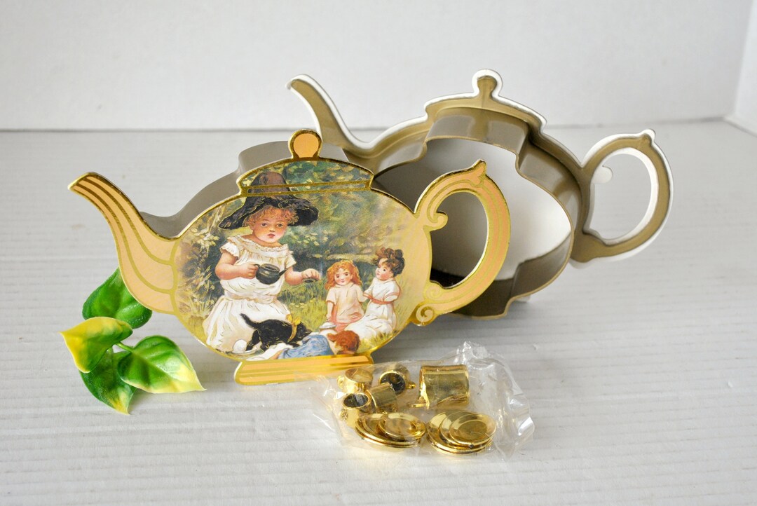 Vintage B. Shackman Gold Miniature Tea Set in Teapot Storage Case 1990s