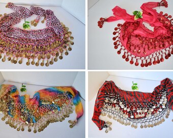 Belly Dancing Hip Scarf, Sexy Belly Dancing Hip Skirt Coin Sash Costume with Jingly Silver, Gold or Red Coins Your Choice