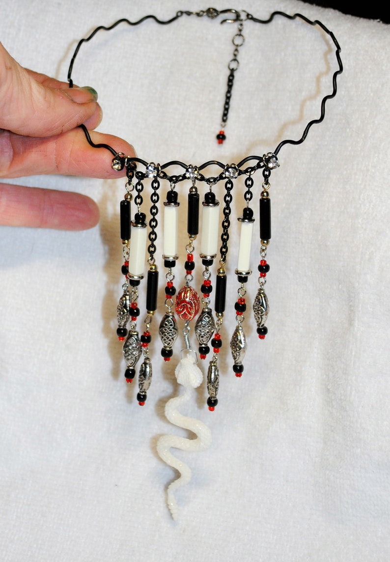 FREE SHIPPING OOAK Unique Carved Ivory Bone Snake Pendant Black Wavy Metal Necklace Artisan Made Goth Style Rattlesnake Dangle Bib Choker