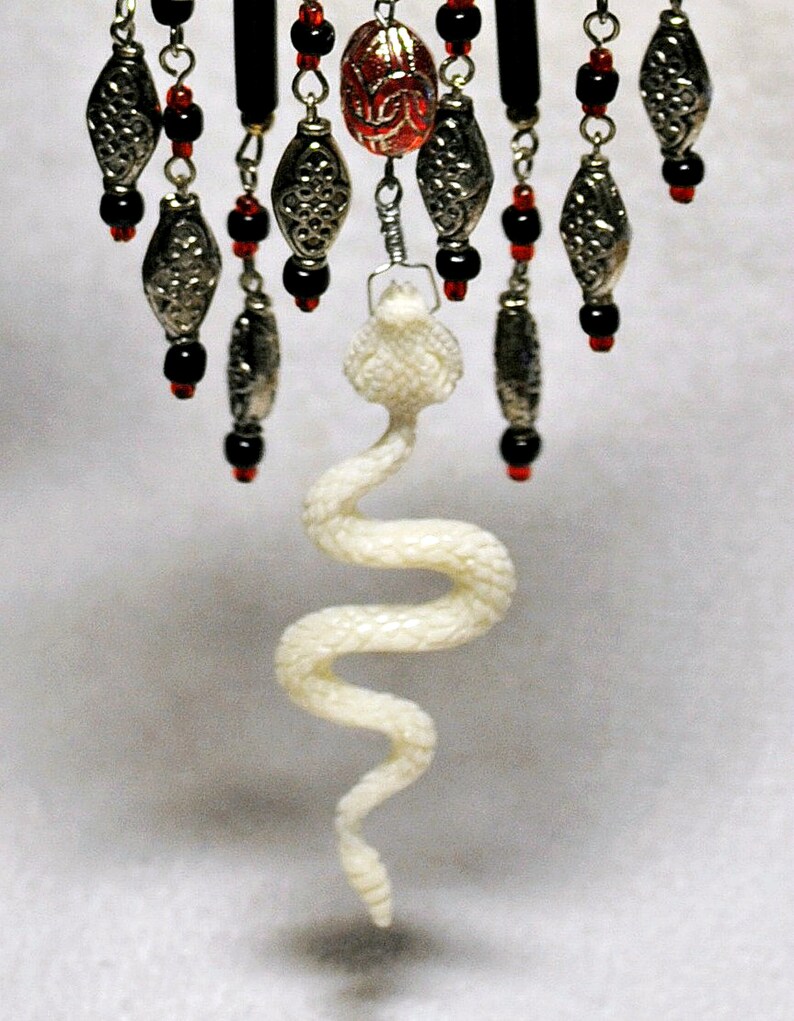 FREE SHIPPING OOAK Unique Carved Ivory Bone Snake Pendant Black Wavy Metal Necklace Artisan Made Goth Style Rattlesnake Dangle Bib Choker