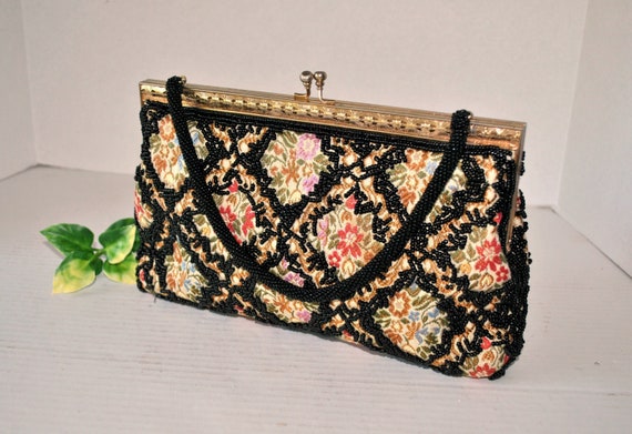 Beaded Vintage Tapestry Evening Bag, Colorful Tape