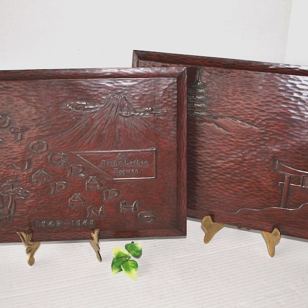 1945-1948 Japanese Photo Album Scrapbook Hard Covers for Ruth and Luther Eggman, Oriental Burgundy Carved Lucite or Bakelite Japanese Art