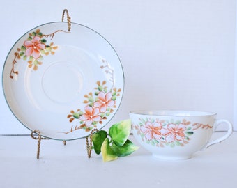 Vintage Japan Cherry Blossom Teacup Saucer Set, Pink Peach Flowers Flower Tea Cup and Saucer Bone China