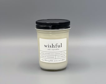 8 oz WISHFUL (cake + sprinkles) hand poured soy wax jar candle