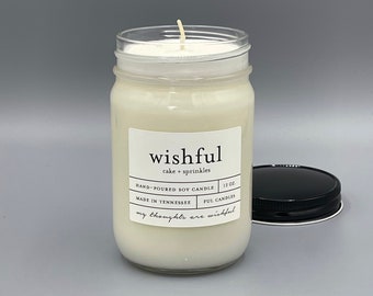 12 oz WISHFUL (cake + sprinkles) hand poured soy wax jar candle