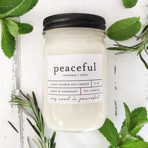 12 oz PEACEFUL rosemary mint hand poured soy wax jar candle image 4