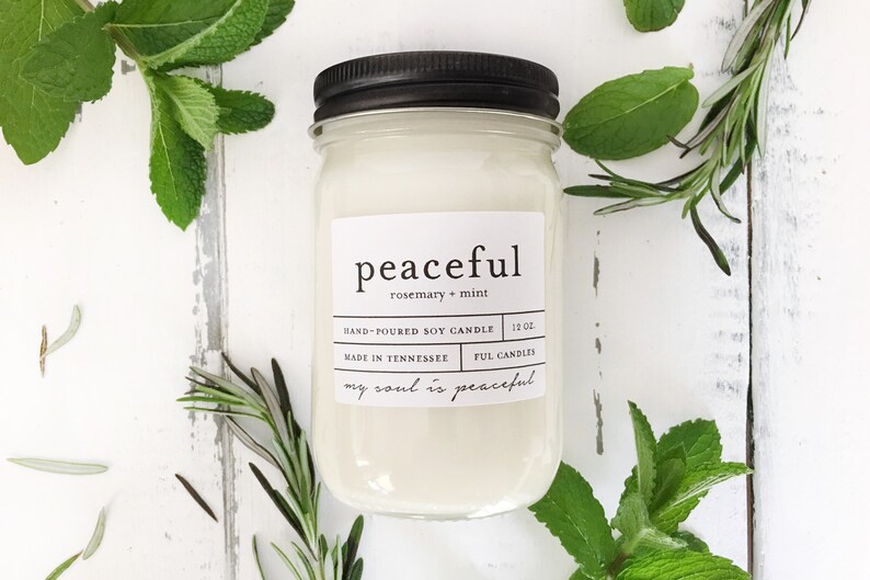 12 oz PEACEFUL rosemary mint hand poured soy wax jar candle image 4