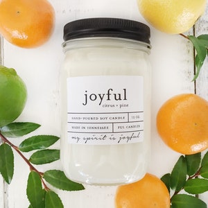 12 oz JOYFUL citrus pine hand poured soy wax jar candle image 3