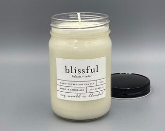 12 oz BLISSFUL (balsam + cedar) hand poured soy wax jar candle