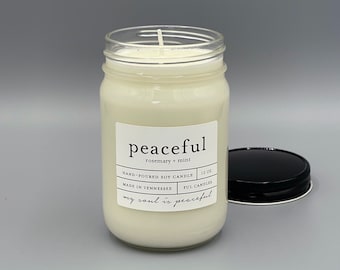 12 oz PEACEFUL (rosemary + mint) hand poured soy wax jar candle
