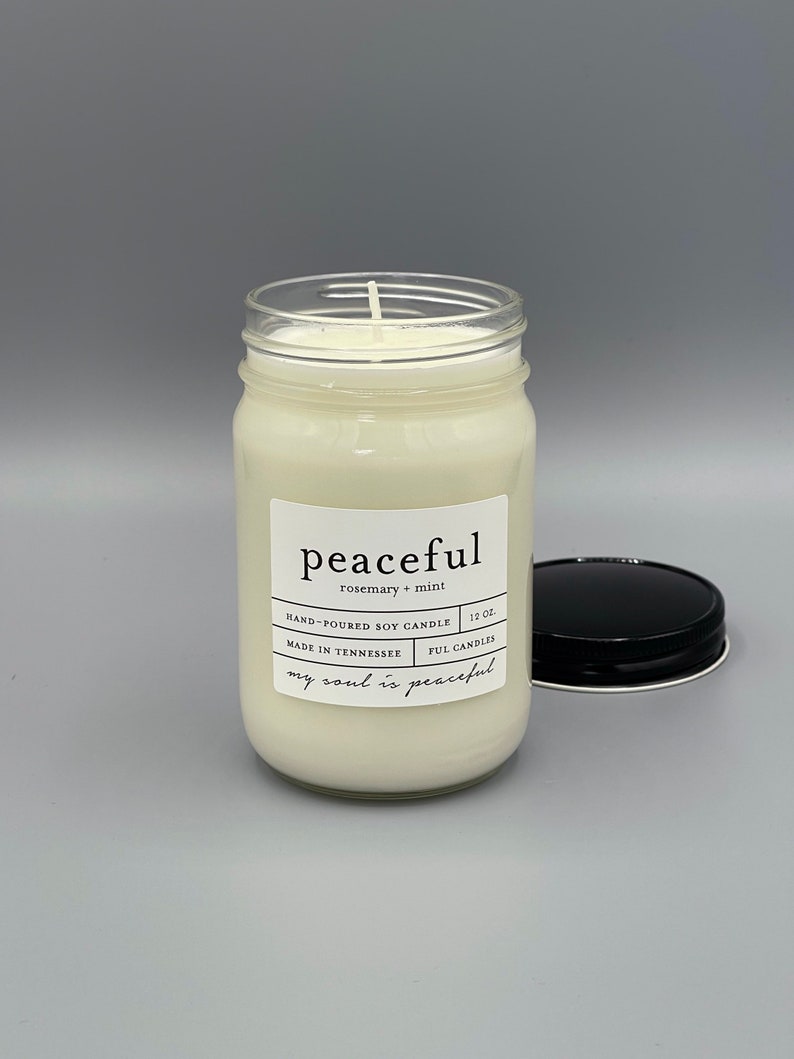 12 oz PEACEFUL rosemary mint hand poured soy wax jar candle image 1