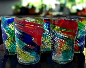 Set of Six Hand Blown Glass Tumblers / Heavy Vintage Optic Swirl Drinking Glasses / Bar Glasses / Drinking Glasses / Mexican Art Glass
