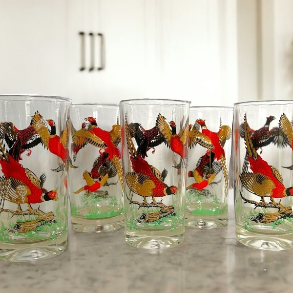 Mid Century Hazel Atlas Pheasant Tumblers/ Set of Six 22kt Embossed Highball Drinking Glasses/60's Drinkware, Retro Barware, Bird Glassware