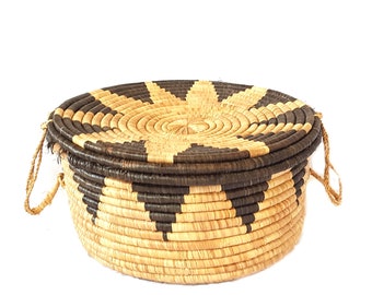 Huge 20" Geometric Coiled Basket With Lid ~ Vintage Native American Lidded Basket ~ Boho Basket / Tribal Decor / Hopi Coiled Basket