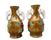 Xlarge Pair Ceramic Elephant Vase With Double Elephant Handle Vintage Pottery Elephant Floral Vase Jug