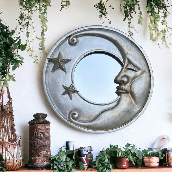 vintage moon mirror, man in moon mirror, silver/gold round mirror, wall decor, half moon mirror, celestial decor, gift, sun, moon, stars