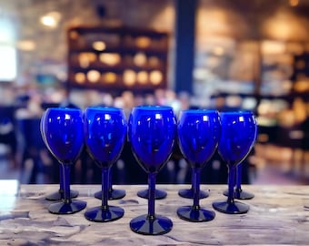 Set of Ten Cobalt Blue Water Goblets, Wine Glasses, Vintage Glassware, Drinkware, Blue Glass Stemware, Gift, Home And Serving, Barware