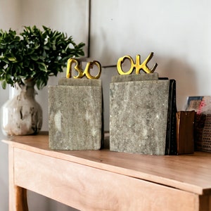 Vintage Bookends, Unique Slab Granite And Brass BOOK Letters, Marble Bookends, Polished Stone, Quartz Bookends, Gift, Office Decor