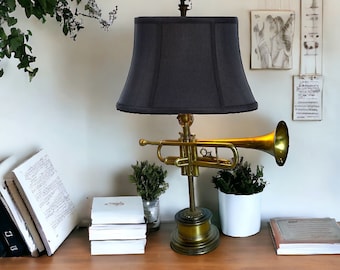 Vintage Musical Trumpet Table Lamp, Upcycled Brass Horn Lamp, Repurposed Instrument Lamp, Music Room Decor, Retro Lighting, Musician Gift