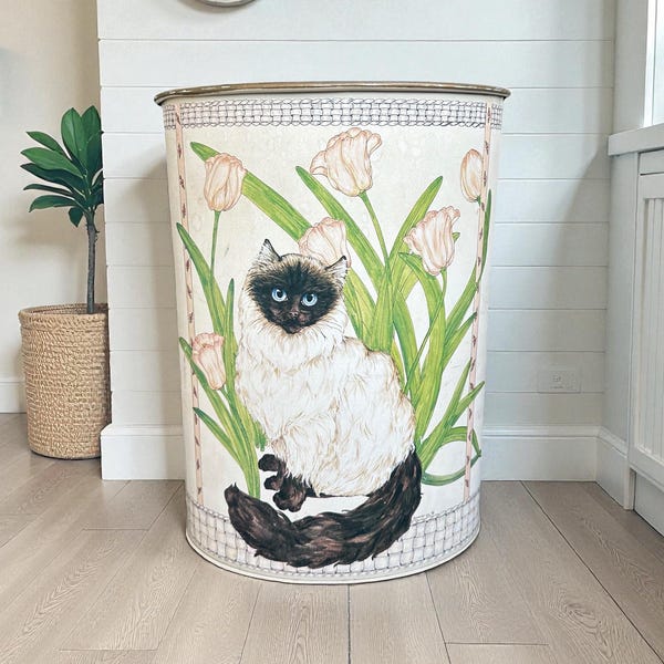 Vintage metal wastebasket, Siamese cat paper decal trash bin signed Gervaise, 80's floral trash can, cat decor, cat lover, waste bin