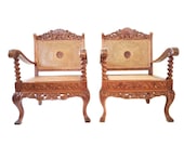 Vintage Pair Carved Teak Cane Armchair Anglo-Indian Plantation Lounge Arm Chairs British Colonial Rattan Boho Chairs