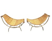Pair Rattan Lounge Chairs Rare Mid Century Troy Sunshade Co Wicker Basket Reclining Glide Lounge Chairs - Circa 1950