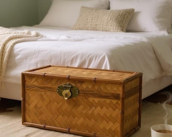 Faux Bamboo Rattan Trunk, Woven Chest, Vintage Trunk, Storage Trunk, Boho, Wicker Chest, Home Storage & Organization, Vintage Home Decor