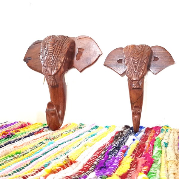 Wood Elephant Wall Hook ~ Vintage Set of Two Carved Wood Elephant Hat Hook / Coat Hook / Towel Hook