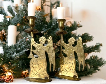 Pair Brass Angel Candlestick Holders/ Christmas Candle Holders / Solid Brass Kneeling Angels Candle Holder / Holiday Gift / Home Decor
