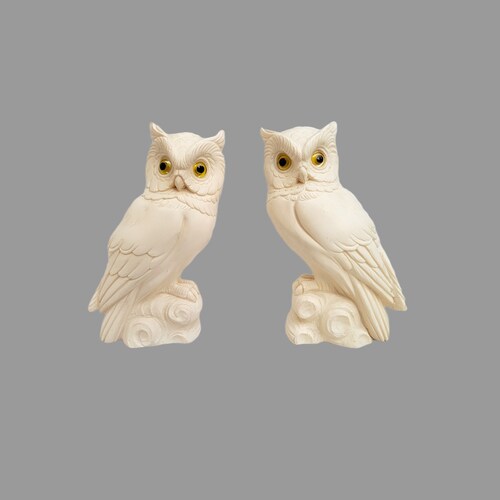 Owl Bookends / Vintage A. Giannelli Alabaster Owl shops Bookends / Pair 1972 Carved Owl Figurines Golden Crown/ Arnaldo Giannelli/ Made in Italy