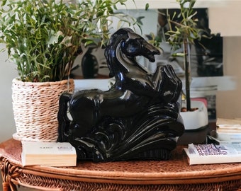 Mid Century Ceramic Horse Planter/ Plant Holder/ Vintage Black Gloss Horse Planter / Home And Garden