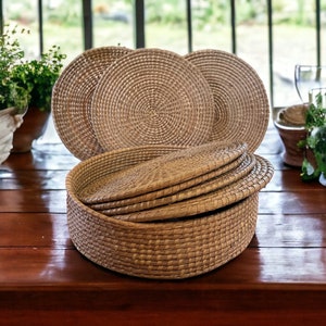 Set of Seven 15.5" Round Woven Placemats In Round Basket Holder/ Vintage Wicker Table Decor/ Placemats / Boho Home/ Wall Decor / Wall Basket
