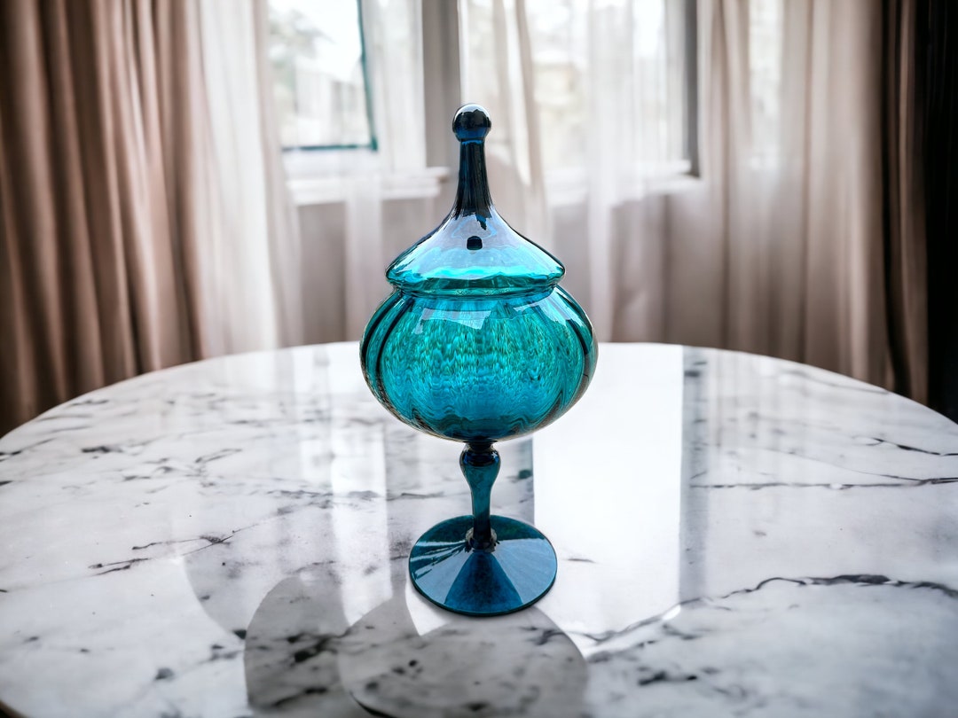 Vintage Glass Compote Jar Mid Century Empoli Italian Optic Etsy