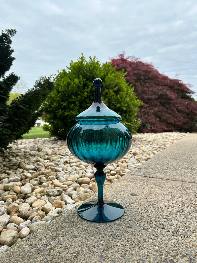 Vintage Glass Compote Jar Mid Century Empoli Italian Optic Etsy