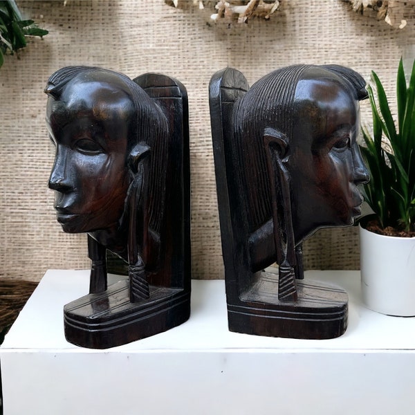 Vintage Carved African Bust Bookends / Heavy Tribal Figure Wooden Bookends / Hand Carved Ironwood Ebony