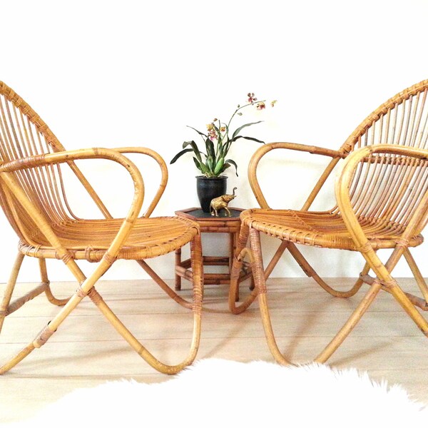 Pair Bamboo Chairs ~ Franco Albini Style Vintage Mid Century Rattan/ Bamboo/ Wicker Chair