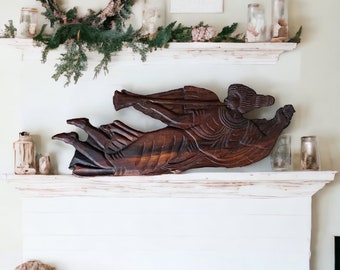 Large Carved Flying Angel Playing Trumpet Wall Plaque / Vintage Wooden Carved Angel Wall Hanging/ Christmas Wall Decor / Holiday Wall Art