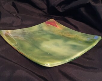 GREEN MOTTLED Streaky Fused Glass Trinket Tray Soap Dish G2