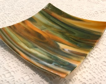 Lg Aventurine Green & Orange Fused Glass Trinket Tray / Soap Dish L6
