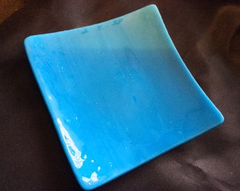 TURQUOISE BLUE AQUA 4.25" Fused Glass Trinket Tray or Soap Dish K31D A5