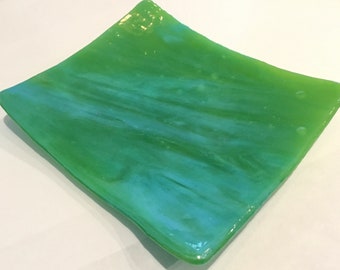 BLUE & GREEN 4.5” x 5.25 “ Fused Glass Jewelry Trinket Soap Ring Dish L6